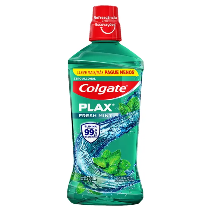 Enxaguante Bucal Antisséptico Zero Álcool Fresh Mint Colgate Plax Frasco Leve 750ml Pague 500ml