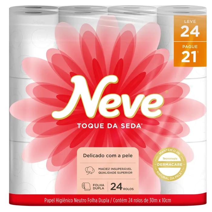 Papel Higiênico Folha Dupla Neutro Neve Toque da Seda 30m Pacote Leve 24 Pague 21 Unidades