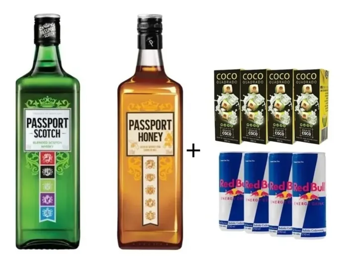 Combo1 Whisky Passport 670ml 1passport Honey/mel 670ml +4 red bull+4 agua de coco