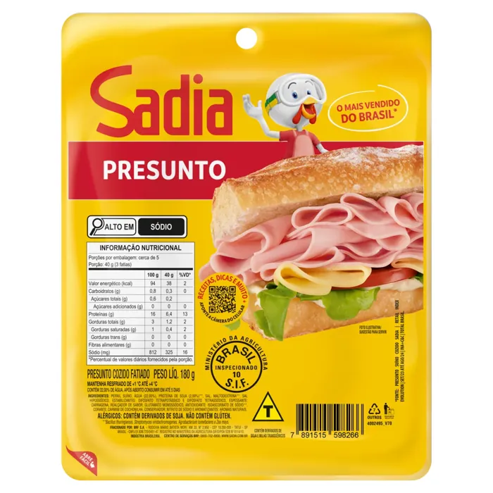 Presunto Cozido Fatiado Sadia 180g