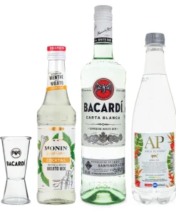 Combo:  1 Monin Mojito 25ml+ 1  Rum Bacardi Carta Blanca 50ml+ 1  Suco de Limão Tahiti 20ml+ 1 Água com Gás 80ml