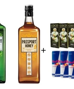 Combo1 Whisky Passport 670ml 1passport Honey/mel 670ml +4 red bull+4 agua de coco